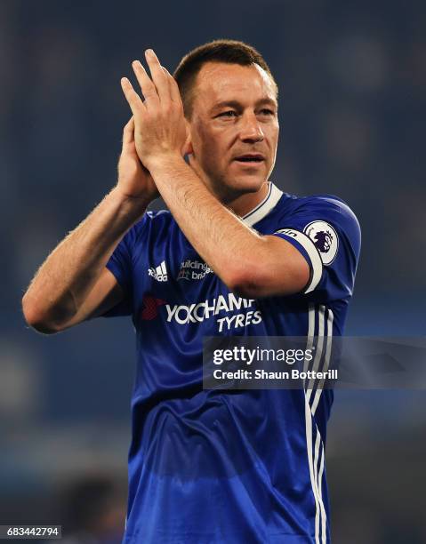 John Terry of Chelsea shows appreciation to the fans after the Premier League match between Chelsea and Watford at Stamford Bridge on May 15, 2017 in...