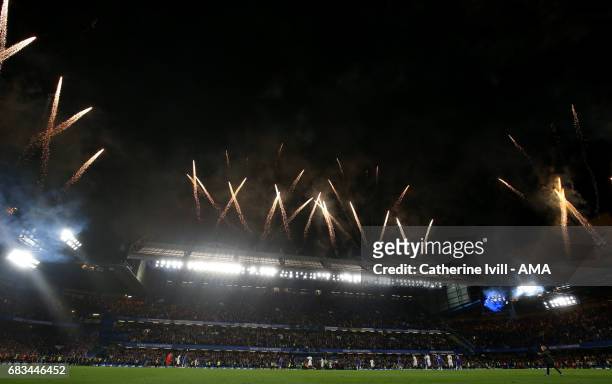 General view as fireworks are let off as Chelsea celebrate being champions after the Premier League match between Chelsea and Watford at Stamford...