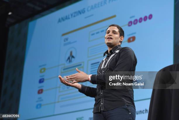 And Founder of Riminder Mouhidine SEIV speaks onstage during Startup Battlefield at TechCrunch Disrupt NY 2017 at Pier 36 on May 15, 2017 in New York...