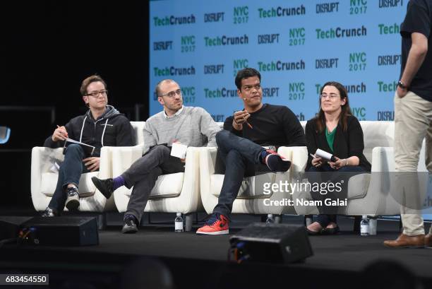 Matt Turck, Spencer Lazar, Sriram Krishnan and Mar Hershenson speak onstage during TechCrunch Disrupt NY 2017 at Pier 36 on May 15, 2017 in New York...