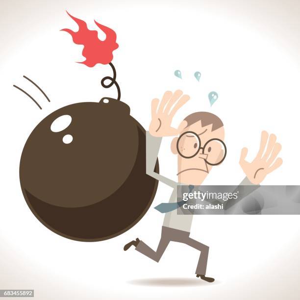 scared businessman (man, politician) escaping from a big bomb - flame emoji stock illustrations