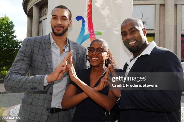 Rudy Gobert , Marie Josee Perec and Teddy Riner poses during the visit of IOC Evaluation Commission Chairman Patrick Baumann after the press...