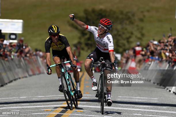 Rafal Majka of Poland and Bora-Hansgrohe outsprints George Bennett of New Zealand and LottoNL-Jumbo to win stage two of the AMGEN Tour of California...