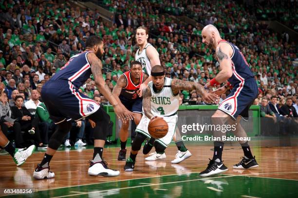 Isaiah Thomas of the Boston Celtics drives to the basket against the Washington Wizards during Game Seven of the Eastern Conference Semifinals of the...