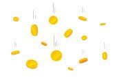 Coins money falling vector, flat flying gold coins background