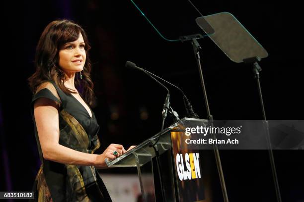 Actress Carla Gugino speaks onstage during the 2017 GLSEN Respect Awards on May 15, 2017 in New York City.