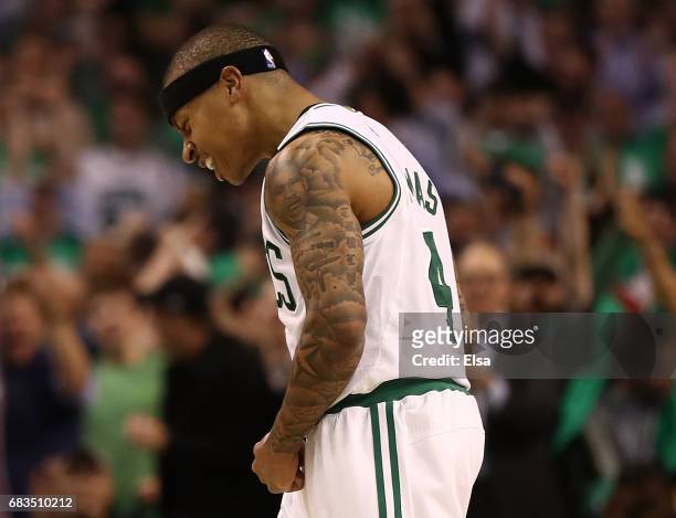 Isaiah Thomas of the Boston Celtics reacts against the Washington Wizards during Game Seven of the NBA Eastern Conference Semi-Finals at TD Garden on...