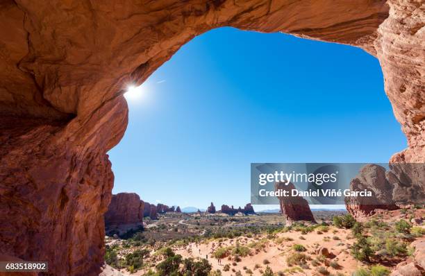 double arch at arches national park - navajo sandstone formations stock pictures, royalty-free photos & images