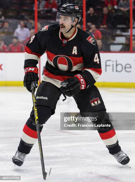 Chris Phillips of the Ottawa Senators plays in the game against the Nashville Predators at Canadian Tire Centre on November 20, 2014 in Ottawa,...