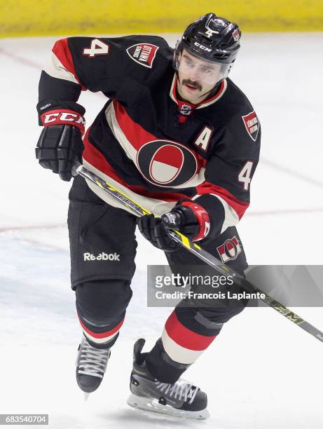 Chris Phillips of the Ottawa Senators plays in the game against the Nashville Predators at Canadian Tire Centre on November 20, 2014 in Ottawa,...