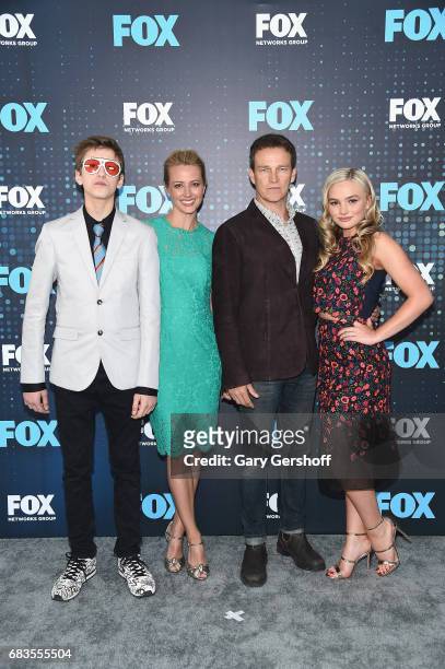 Actors Percy Hynes White, Stephen Moyer, Amy Acker, and Natalie Alyn Lin of the show 'The Gifted' attend the FOX Upfront on May 15, 2017 in New York...