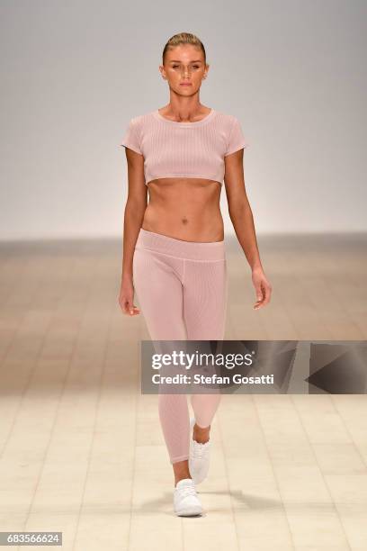 Model walks the runway in a design by Tone Fitness Apparel during the Active Collective show at Mercedes-Benz Fashion Week Resort 18 Collections at...