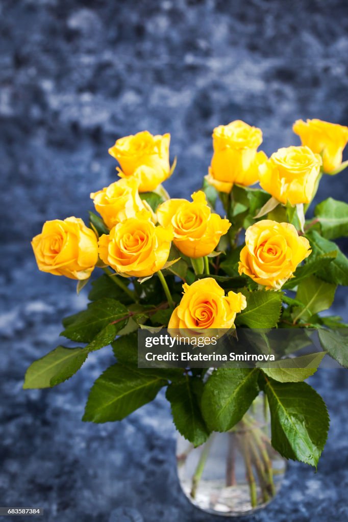 Fresh yellow roses flowers on blue painted wooden background