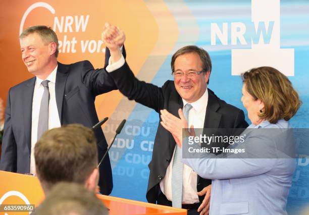 Armin Laschet, lead candidate of the German Christian Democrats , speaks to supporters after initial results in state elections in North...