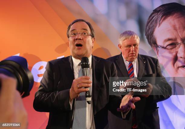Armin Laschet, lead candidate of the German Christian Democrats , speaks to supporters after initial results in state elections in North...
