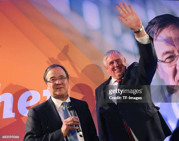 Armin Laschet, lead candidate of the German Christian Democrats , speaks to supporters after initial results in state elections in North...