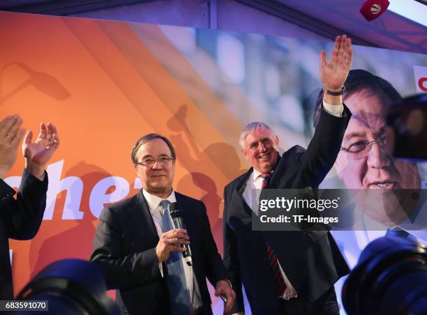 Armin Laschet, lead candidate of the German Christian Democrats , speaks to supporters after initial results in state elections in North...