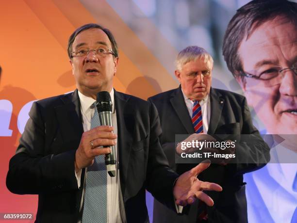 Armin Laschet, lead candidate of the German Christian Democrats , speaks to supporters after initial results in state elections in North...