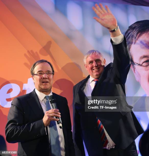 Armin Laschet, lead candidate of the German Christian Democrats , speaks to supporters after initial results in state elections in North...