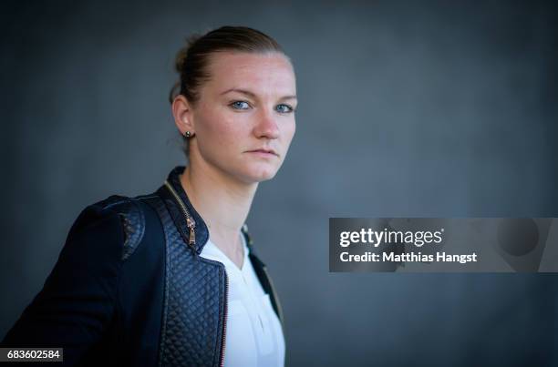 Alexandra Popp of Germany poses for a portrait during the DFB Ladies Marketing Day at Commerzbank Arena on April 3, 2017 in Frankfurt am Main,...