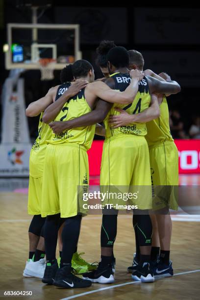 Players of medi bayreuth during the easyCredit BBL match between medi bayreuth and EWE Baskets Oldenburg at Oberfrankenhalle on May 5, 2017 in...