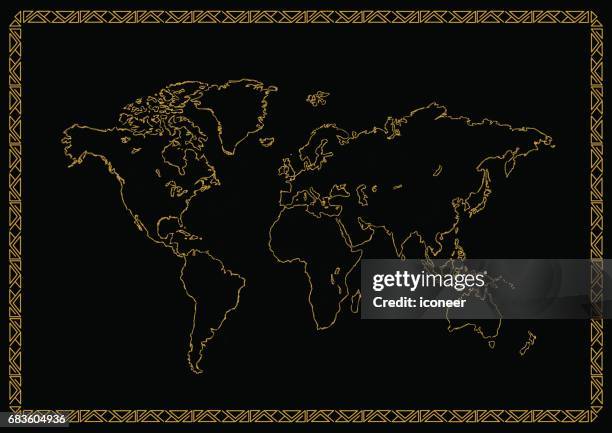 world map golden on black ornament background - art deco border stock illustrations