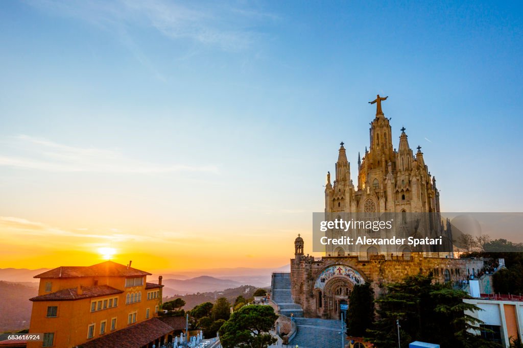 Temple of the Sacred Heart of Jesus at Tibidabo mountain at sunset, Barcelona, Catalonia, Spain