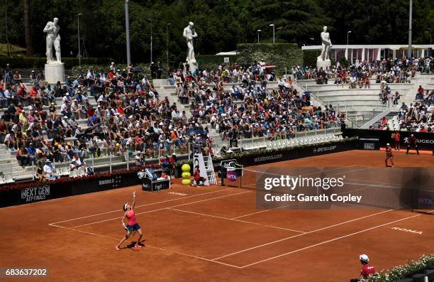 Johanna Konta of Great Britain serves during her first round match against Yulia Putinseva of Kazakhstan in The Internazionali BNL d'Italia 2017 at...