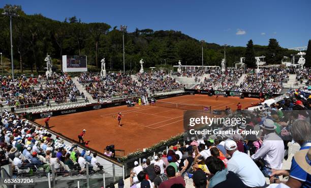 Johanna Konta of Great Britain serves during her first round match against Yulia Putinseva of Kazakhstan in The Internazionali BNL d'Italia 2017 at...