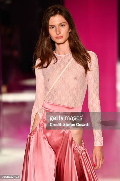 Model walks the runway during the Michael Lo Sordo show at Mercedes-Benz Fashion Week Resort 18 Collections at Carriageworks on May 16, 2017 in...