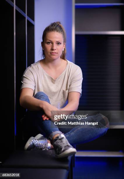 Melanie Leupolz of Germany poses for a portrait during the DFB Ladies Marketing Day at Commerzbank Arena on April 3, 2017 in Frankfurt am Main,...