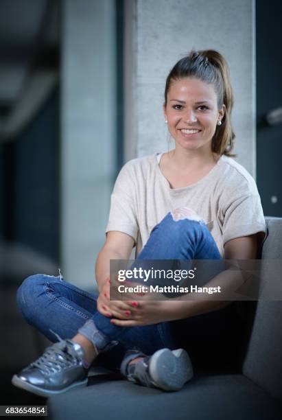 Melanie Leupolz of Germany poses for a portrait during the DFB Ladies Marketing Day at Commerzbank Arena on April 3, 2017 in Frankfurt am Main,...