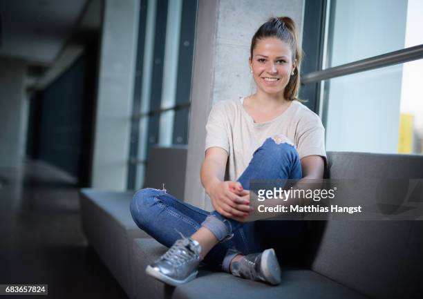 Melanie Leupolz of Germany poses for a portrait during the DFB Ladies Marketing Day at Commerzbank Arena on April 3, 2017 in Frankfurt am Main,...