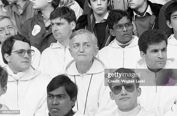 Brother Roger Schutz, founder of the ecumenical Christian Taize Community, during a vigil with the youth at the Parc des Princes stadium in Paris,...