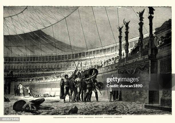 ancient rome, gladiators saluting the emperor before combat - amphitheater stock illustrations