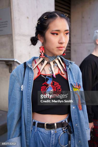 Fashion Blogger Tara Chandra wearing denim during Mercedes-Benz Fashion Week Resort 18 Collections at Carriageworks on May 16, 2017 in Sydney,...