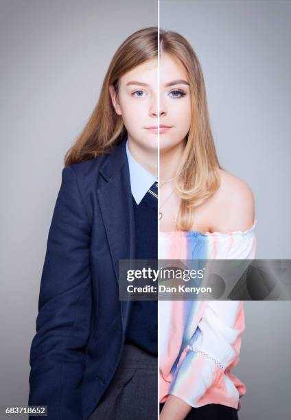 teenage girl half plain and half with makeup - halved stock pictures, royalty-free photos & images