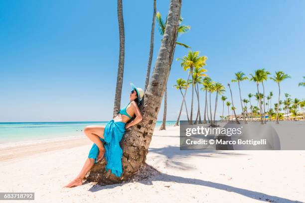 woman leaning on a palm tree. juanillo beach, dominican republic. - tropical tree stock pictures, royalty-free photos & images