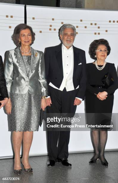 Queen Sofia of Spain, Singer Placido Domingo and his wife Marta Ornelas attend a Placido Domingo's concert at Royal Theatre on May 14, 2017 in...