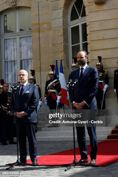 France's newly-appointed Prime Minister Edouard Philippe attends an official handover ceremony with outgoing Prime Minister Bernard Cazeneuve at...