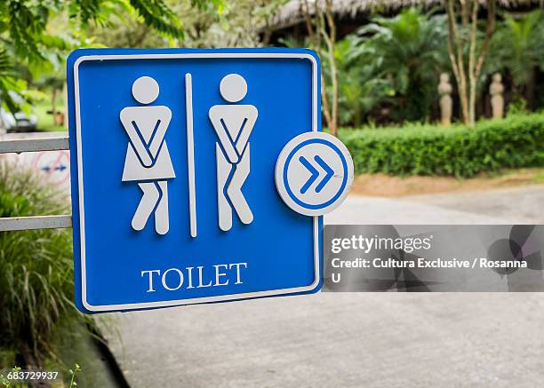 humorous blue public toilet sign, koh samui, thailand - bathroom sign foto e immagini stock