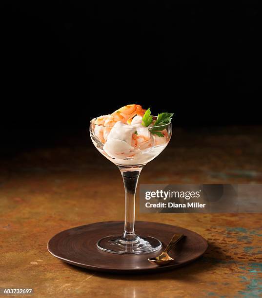 posh prawn cocktail in wine glass with coriander - prawn cocktail stock pictures, royalty-free photos & images