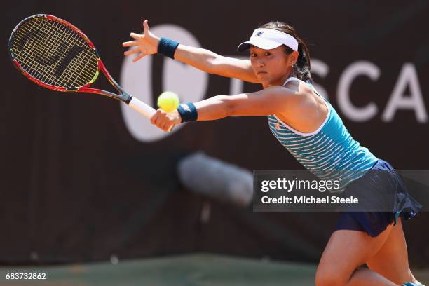 Misaki Doi of Japan in action during her first round match against Catherine Bellis of USA on Day Three of The Internazionali BNL d'Italia 2017 at...