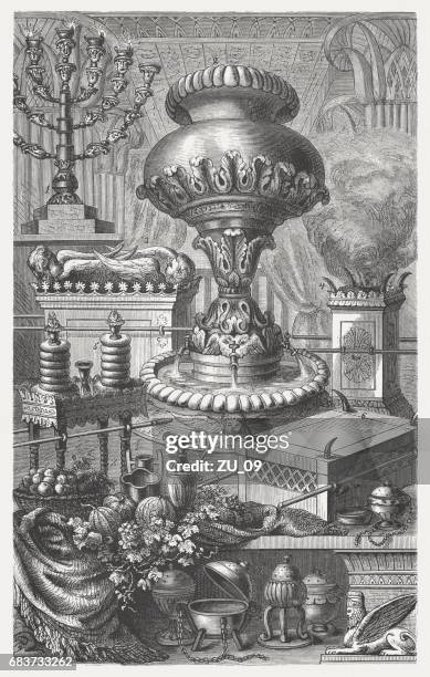 sacred equipment of the jews, wood engraving, published in 1880 - ancient jerusalem stock illustrations