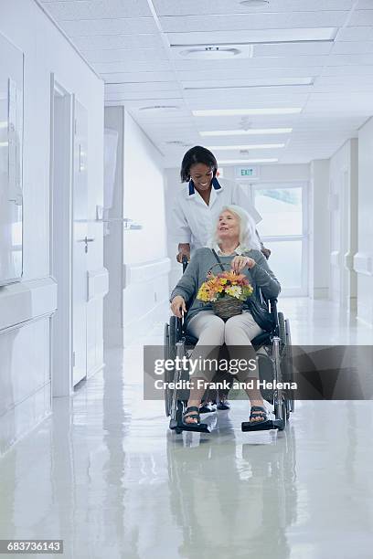 hospital orderly pushing senior female patient in wheelchair - westliche kapprovinz stock-fotos und bilder