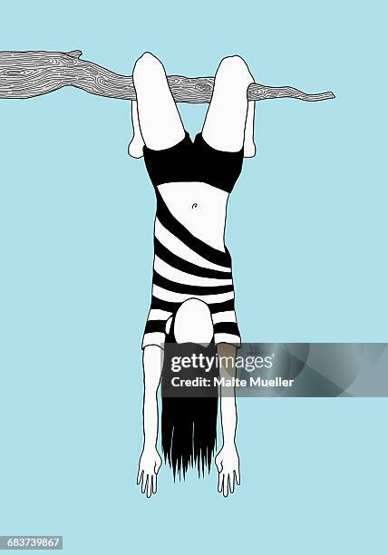 illustration of woman hanging upside down from branch against sky - upside down stock illustrations