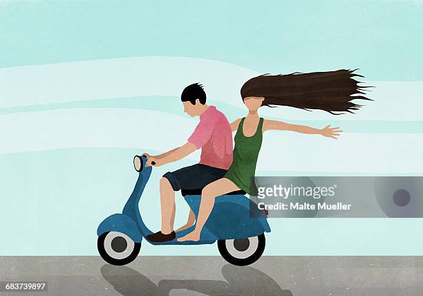stockillustraties, clipart, cartoons en iconen met illustration of couple riding on motor scooter against sky - freedom