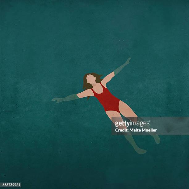 ilustraciones, imágenes clip art, dibujos animados e iconos de stock de illustration of woman swimming in water - floating on water
