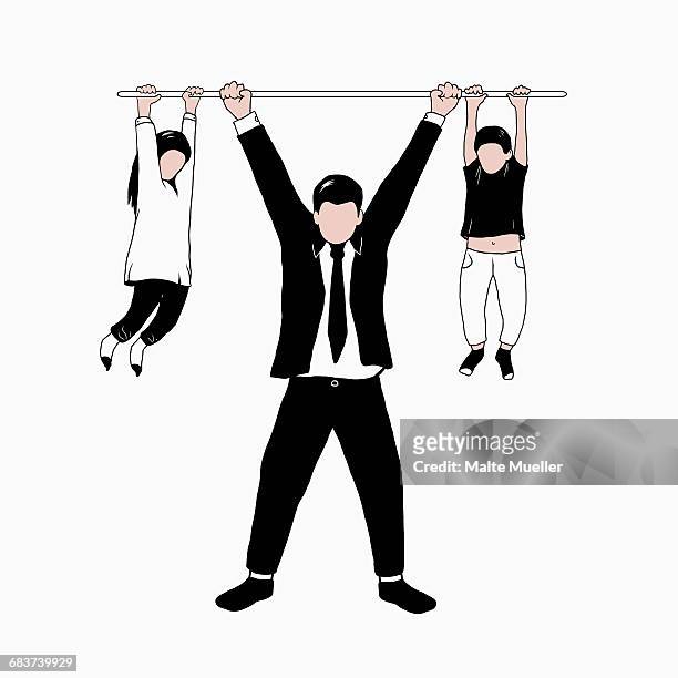 illustration of man holding bar with hanging girl and boy against white background - clip art family stock illustrations