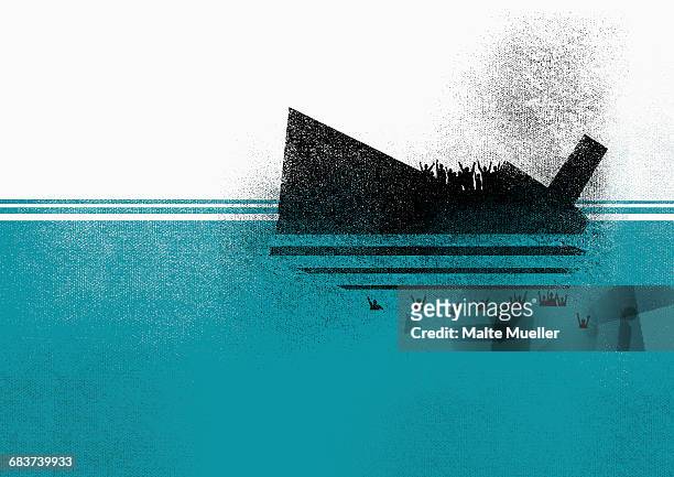 illustration of sinking ship and people in sea - sinking ship stock-grafiken, -clipart, -cartoons und -symbole